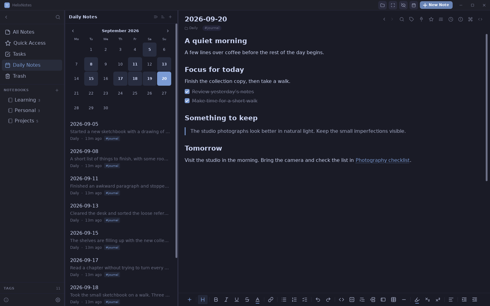 Daily notes calendar