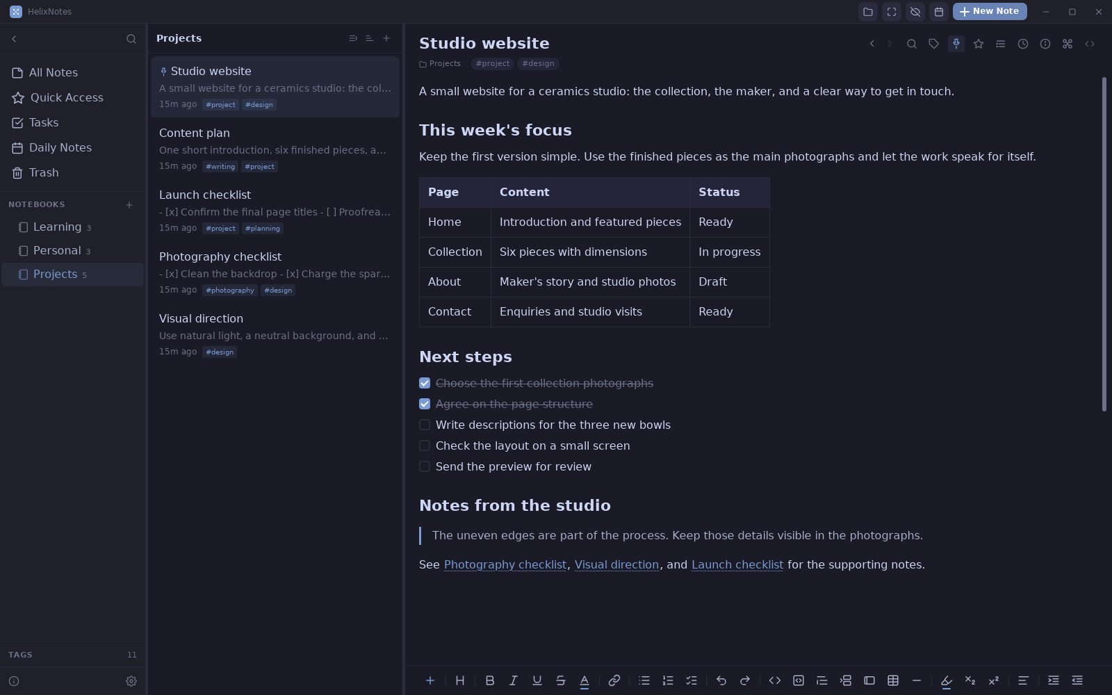 HelixNotes desktop editor with note navigation and a Markdown document
