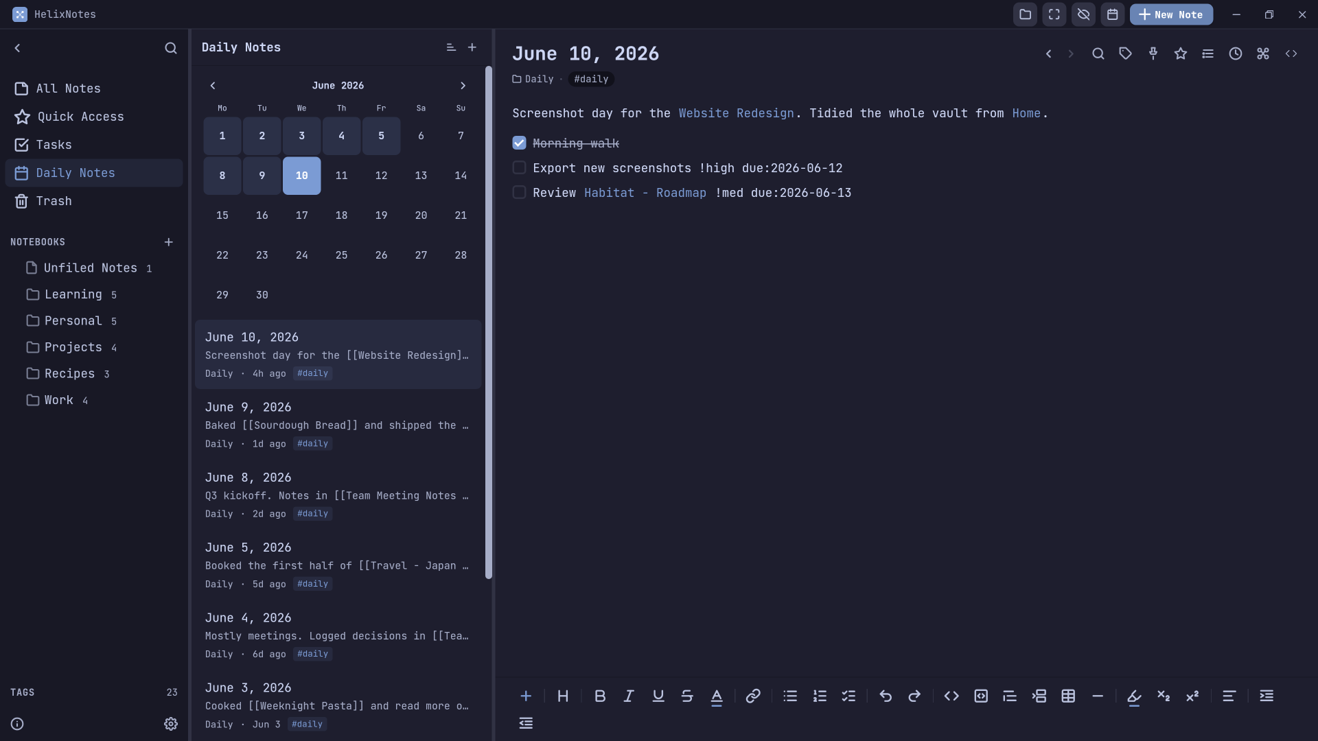 Daily notes calendar