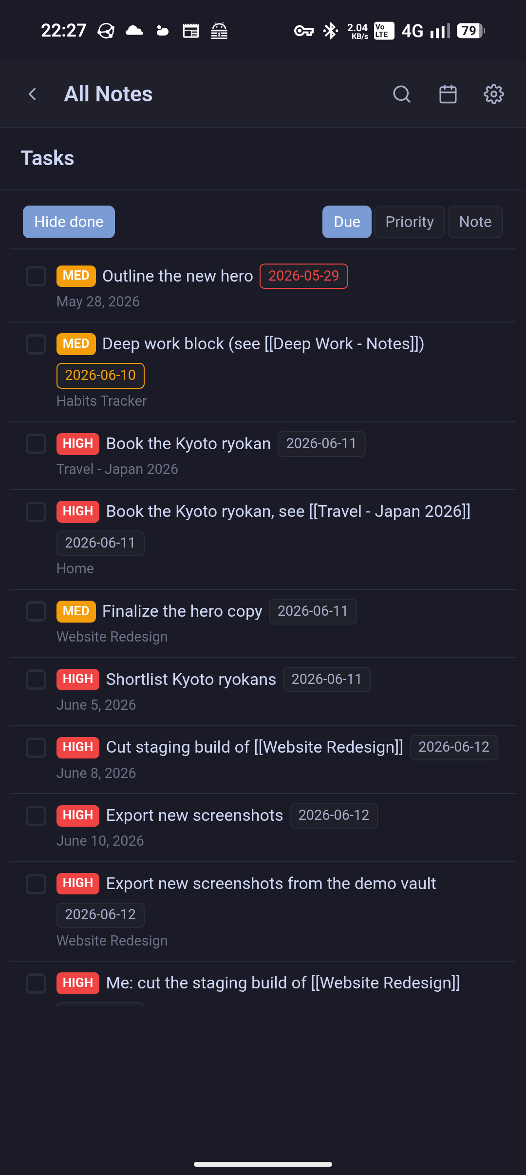 Tasks list on mobile